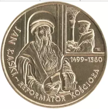 Монета 2 злотых Польши 1999 года Латунь 500 лет со дня рождения Яна Лаского-реформатора Церкви