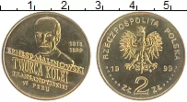 Монета 2 злотых Польши 1999 года Латунь 100 лет со дня смерти Эрнеста Малиновского