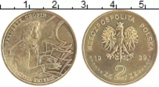 Монета 2 злотых Польши 1999 года Латунь 150 лет со дня смерти Фредерика Шопена