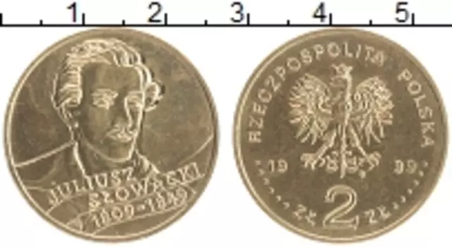 Монета 2 злотых Польши 1999 года Латунь 150 лет со дня смерти Юлиуша Словацкого