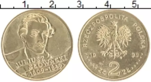 Монета 2 злотых Польши 1999 года Латунь 150 лет со дня смерти Юлиуша Словацкого