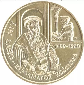 Монета 2 злотых Польши 1999 года Латунь 500 лет со дня рождения Яна Лаского-реформатора Церкви