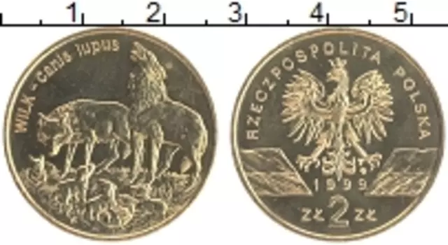 Монета 2 злотых Польши 1999 года Латунь Фауна - Волки