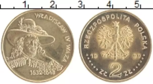 Монета 2 злотых Польши 1999 года Латунь Король Владислав IV Ваза
