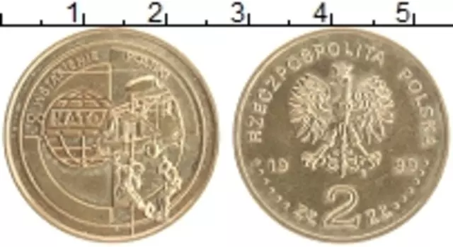 Монета 2 злотых Польши 1999 года Латунь Вступление Польши в НАТО