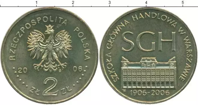 Монета 2 злотых Польши 2006 года Латунь 100 - летие Варшавской Школы экономики