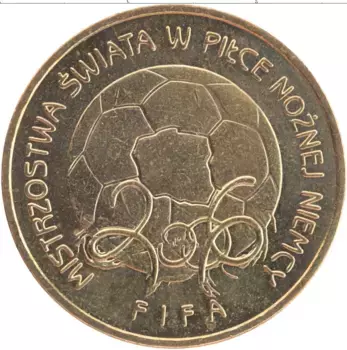 Монета 2 злотых Польши 2006 года Латунь Чемпионат мира по футболу в Германи