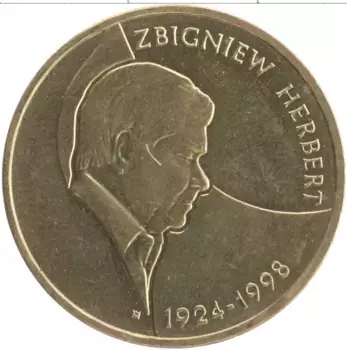 Монета 2 злотых Польши 2008 года Латунь 10 лет со дня смерти Збигнева Херберта
