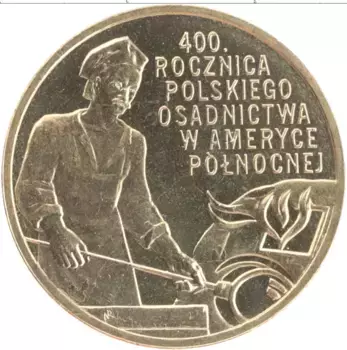 Монета 2 злотых Польши 2008 года Латунь Годовщина образования Польских поселений в Северной Америке