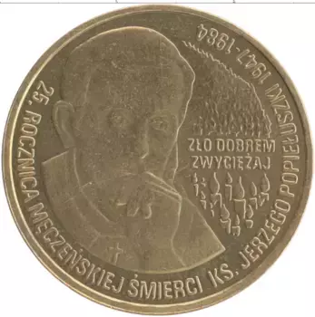 Монета 2 злотых Польши 2009 года Латунь 25 лет со дня смерти блаженного Ежи Попелушко