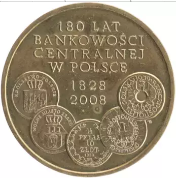 Монета 2 злотых Польши 2009 года Латунь 180 лет Центральной банковской системы Польши