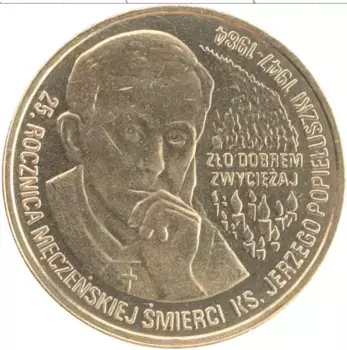 Монета 2 злотых Польши 2009 года Латунь 25 годовщина мученической смерти священника Ежи Попелюшко