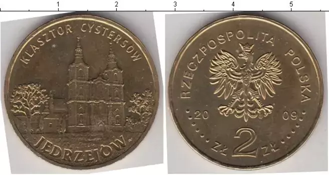 Монета 2 злотых Польши 2009 года Латунь Джедржов