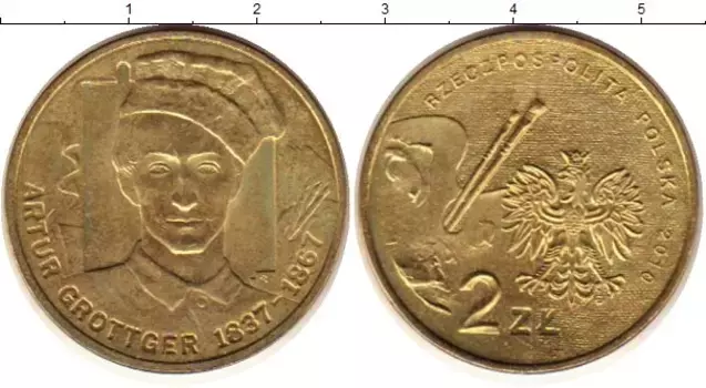 Монета 2 злотых Польши 2010 года Латунь Артур Гроттгер