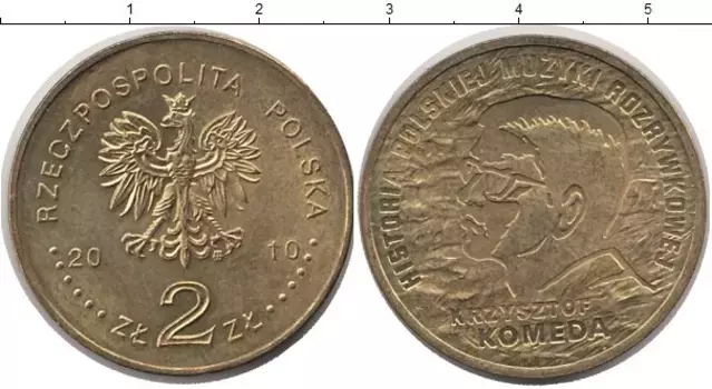 Монета 2 злотых Польши 2010 года Латунь К