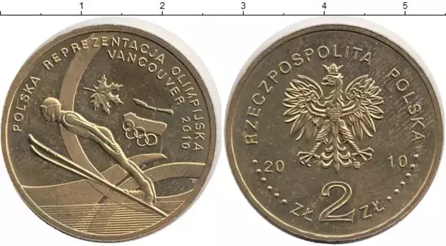 Монета 2 злотых Польши 2010 года Латунь Олимпиада Ванкувер 2010