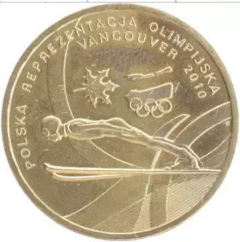 Монета 2 злотых Польши 2010 года Латунь Польская сборная на XXI зимних Олимпийских играх в Ванкувере