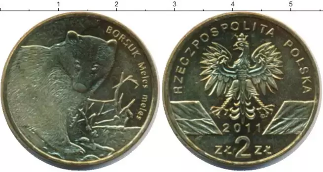 Монета 2 злотых Польши 2011 года Латунь Барсук