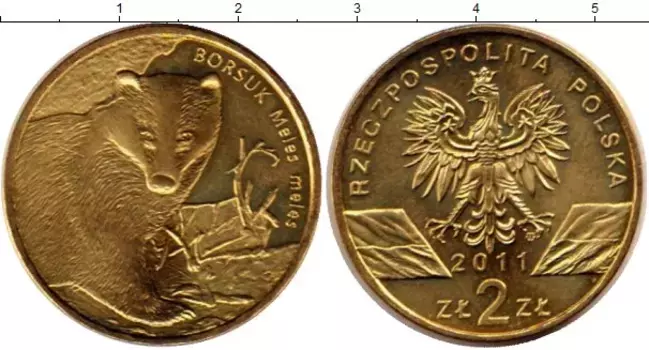Монета 2 злотых Польши 2011 года Латунь Борсук