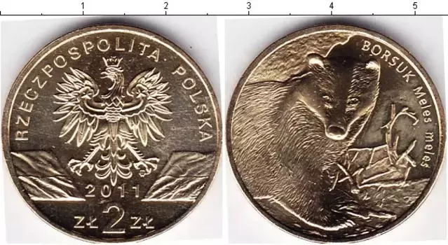 Монета 2 злотых Польши 2011 года Латунь Барсук