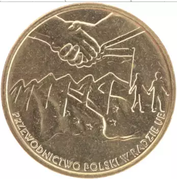 Монета 2 злотых Польши 2011 года Латунь Председательство в ЕС