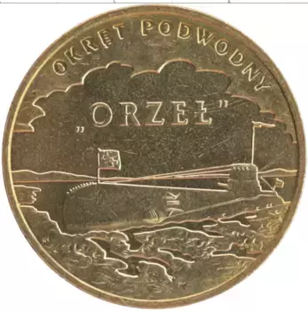 Монета 2 злотых Польши 2012 года Латунь Подводная лодка Орел