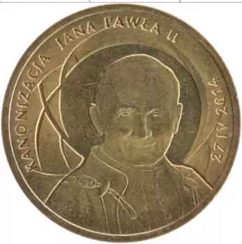 Монета 2 злотых Польши 2014 года Латунь Канонизация Иоанна Павла II