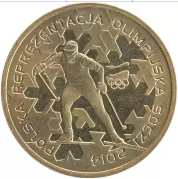 Монета 2 злотых Польши 2014 года Латунь Польская олимпийская команда на Олимпиаде в Сочи 2014