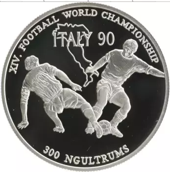 Монета 300 нгултрум Бутана 1990 года Серебро Чемпионат Мира по футболу 1990