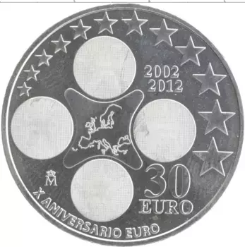 Монета 30 евро Испании 2012 года Серебро 10 лет Евро