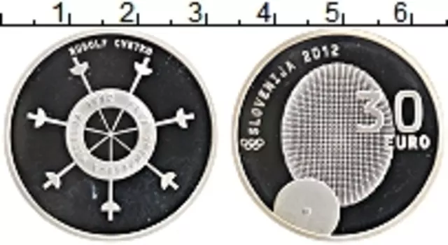 Монета 30 евро Словении 2012 года Серебро 100 лет Первой словенской олимпийской медали