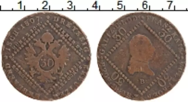 Монета 30 крейцеров Австрии 1807 года Медь Франц I