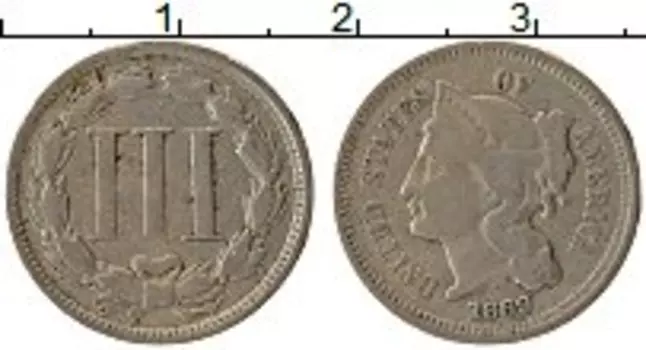 Монета 3 цента Америки 1869 года Медно-никель Свобода