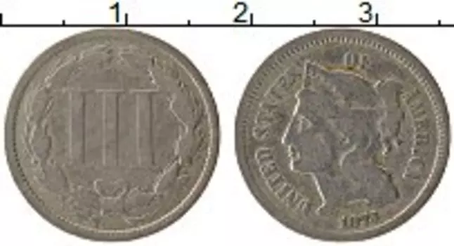 Монета 3 цента Америки 1873 года Медно-никель Свобода