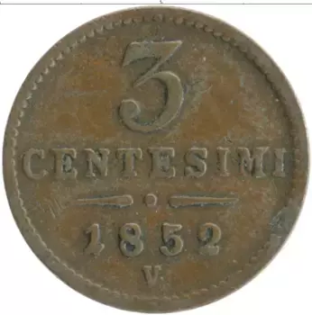 Монета 3 чентезимо Ломбардии 1852 года Медь V