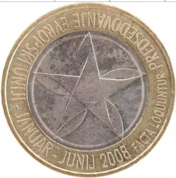 Монета 3 евро Словении 2008 года Биметалл Председательство Словении в Евросоюзе