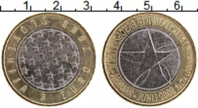 Монета 3 евро Словении 2008 года Биметалл Председательство Словении в Евросоюзе