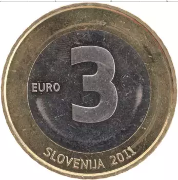 Монета 3 евро Словении 2011 года Биметалл 20 лет независимости Словении