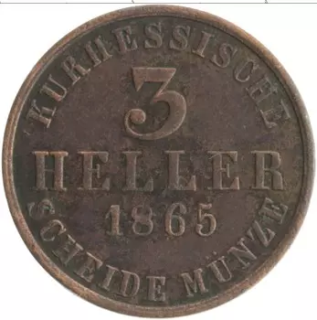 Монета 3 геллера Гессен-Касселя 1865 года Медь J