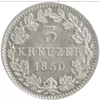 Монета 3 крейцера Баварии 1850 года Серебро