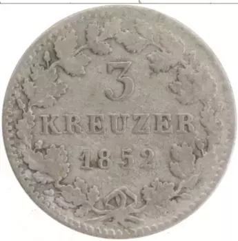 Монета 3 крейцера Баварии 1852 года Серебро
