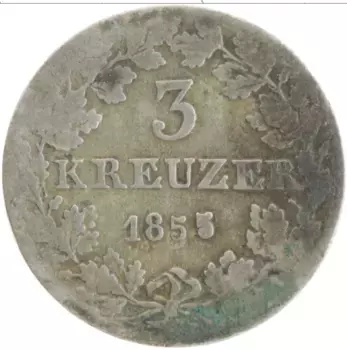 Монета 3 крейцера Франкфурта 1855 года Серебро