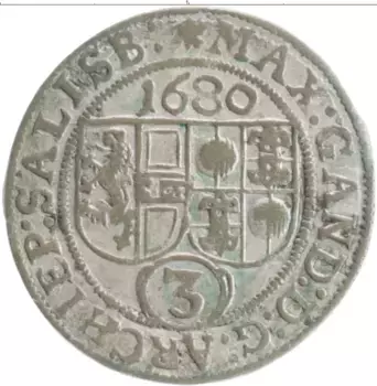Монета 3 крейцера Зальцбурга 1680 года Серебро Архиепископ Максимилиан