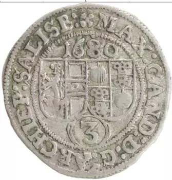Монета 3 крейцера Зальцбурга 1680 года Серебро