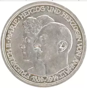 Монета 3 марки Анхальт-Дессау 1914 года Серебро Серебряная свадьба Фридриха II и Марии