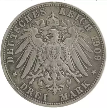 Монета 3 марки Баварии 1909 года Серебро Отто