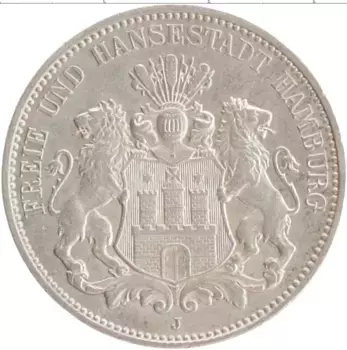 Монета 3 марки Гамбурга 1909 года Серебро J