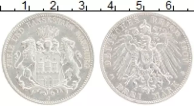 Монета 3 марки Гамбурга 1909 года Серебро J
