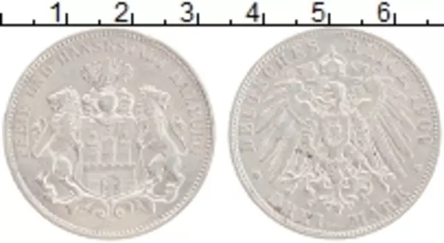 Монета 3 марки Гамбурга 1909 года Серебро J