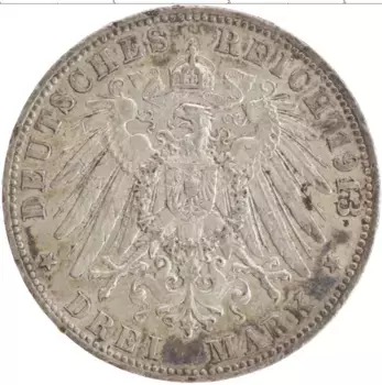 Монета 3 марки Гамбурга 1913 года Серебро J